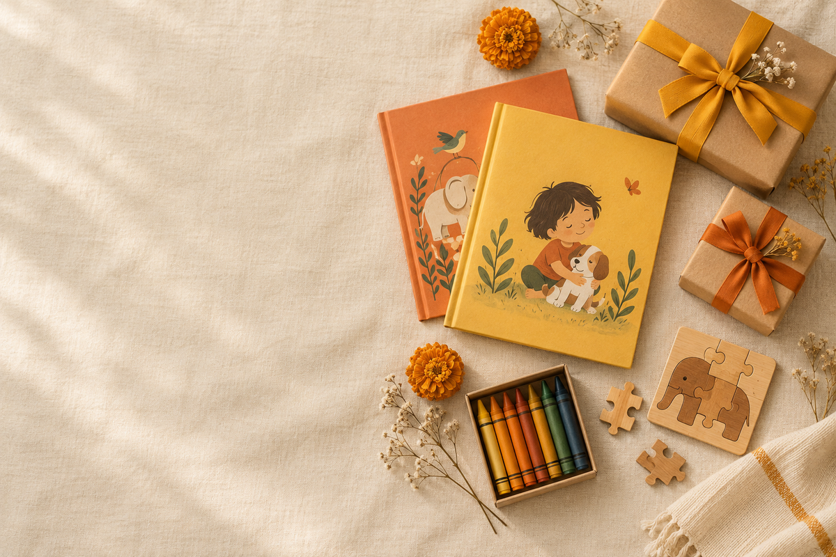 Children’s books and small gifts laid out on a warm table