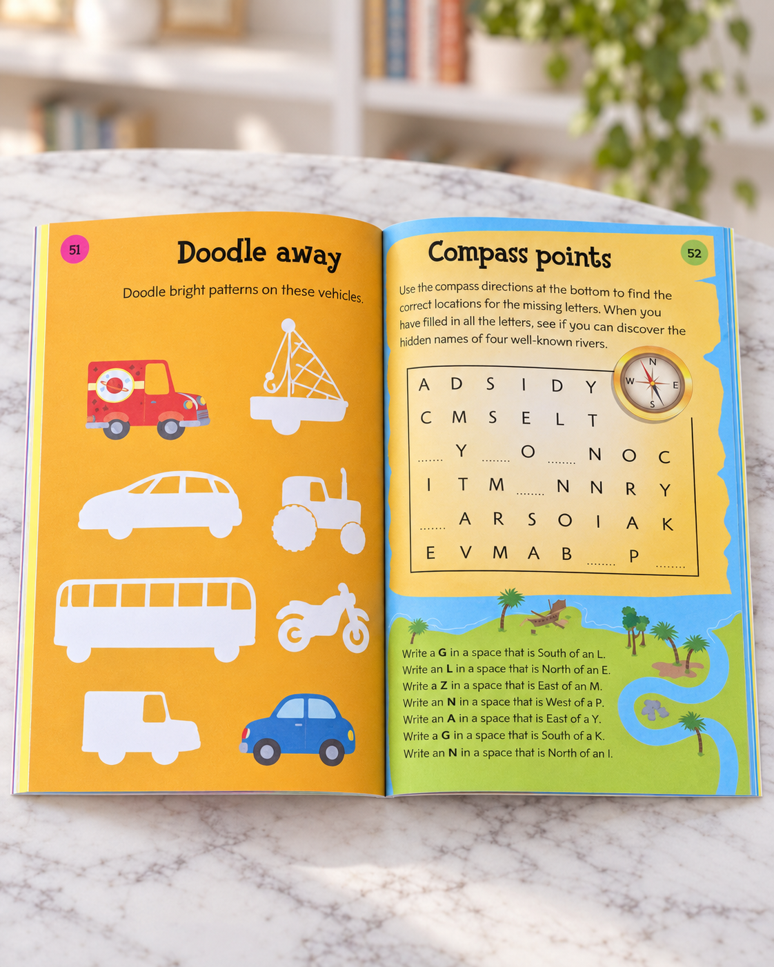 100 Things to Do on a Journey, inside pages with vehicles to doodle and a compass word search