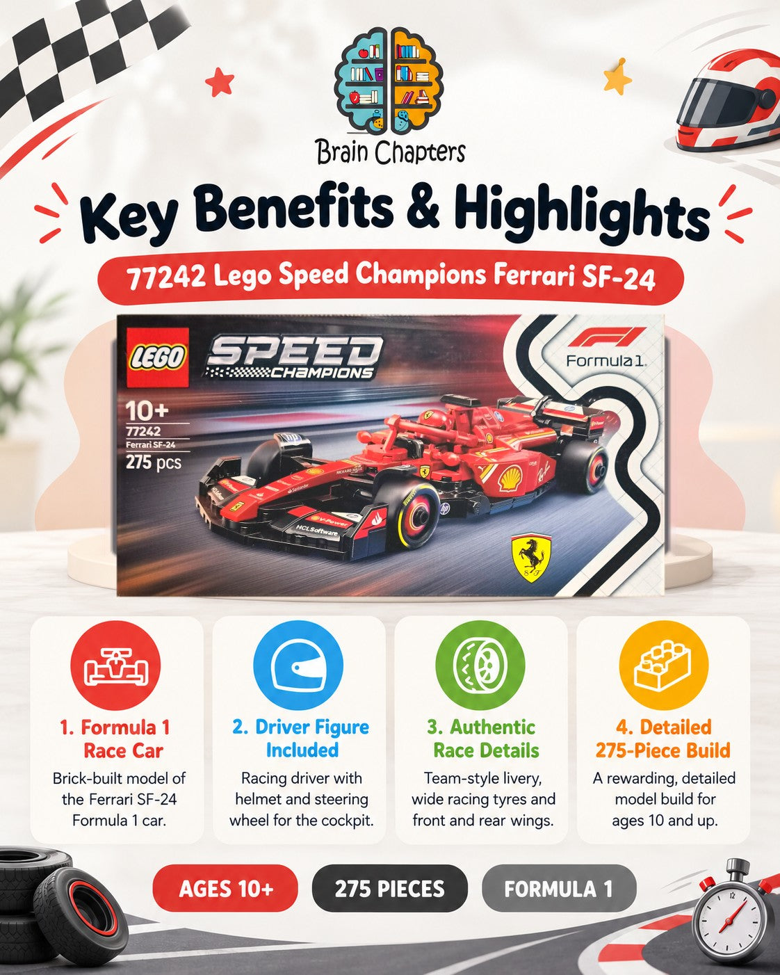 Key benefits and highlights of 77242 Lego Speed Champions Ferrari SF-24 F1 Race Car