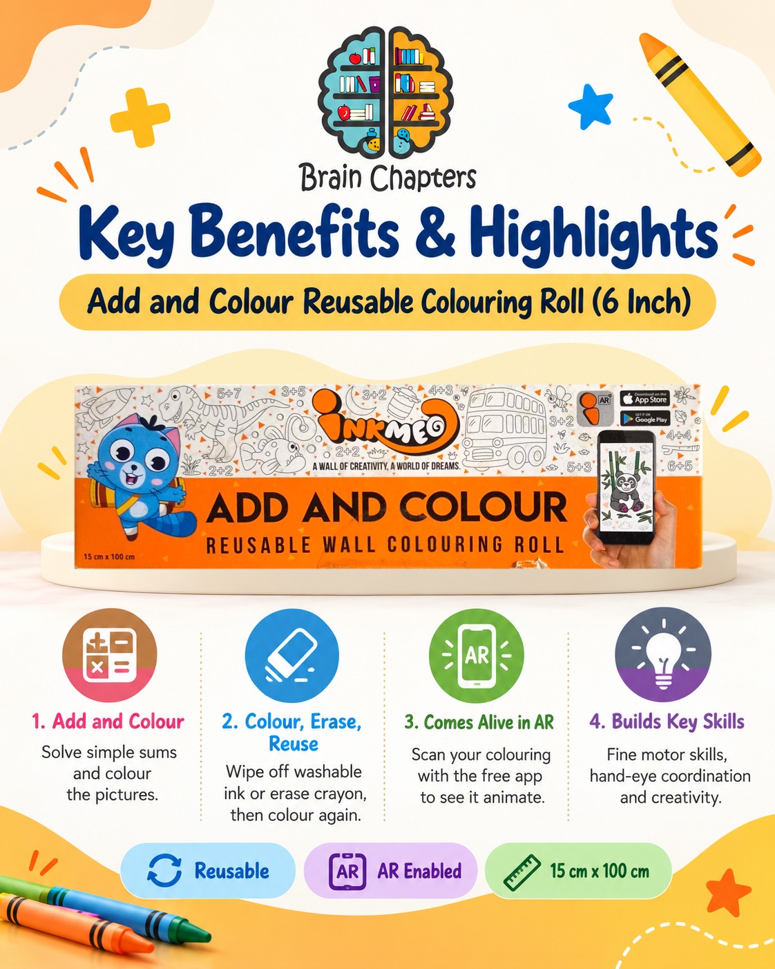 Key benefits and highlights of Add and Colour Reusable Colouring Roll (6 Inch)