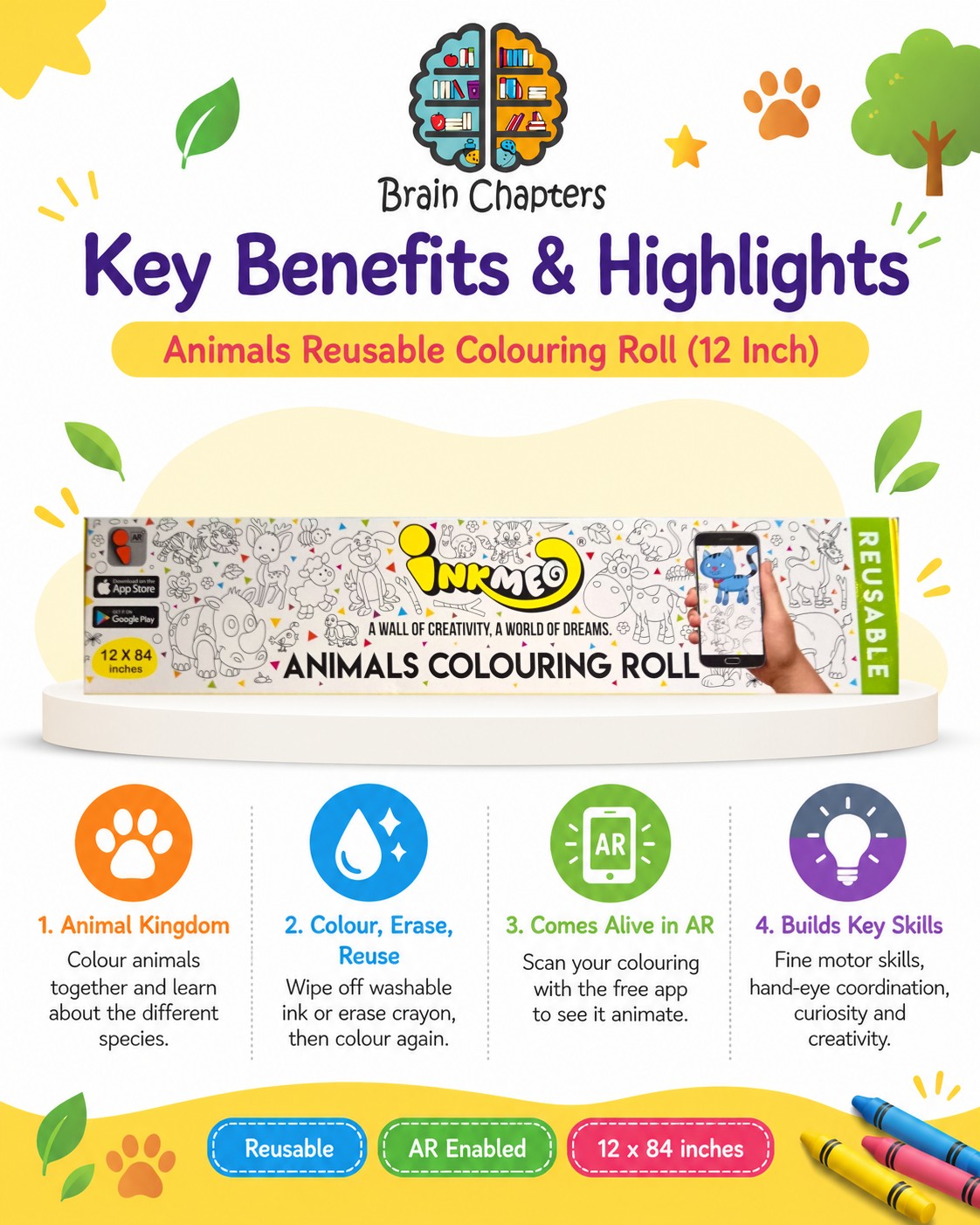 Key benefits and highlights of Animals Reusable Colouring Roll (12 Inch)