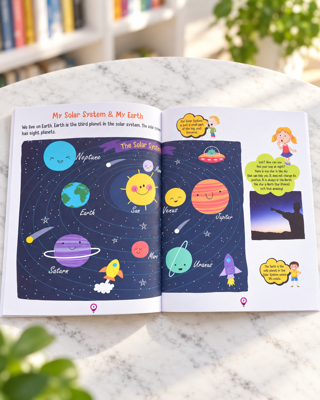 Atlas for Young Learners, inside spread on the solar system and Earth