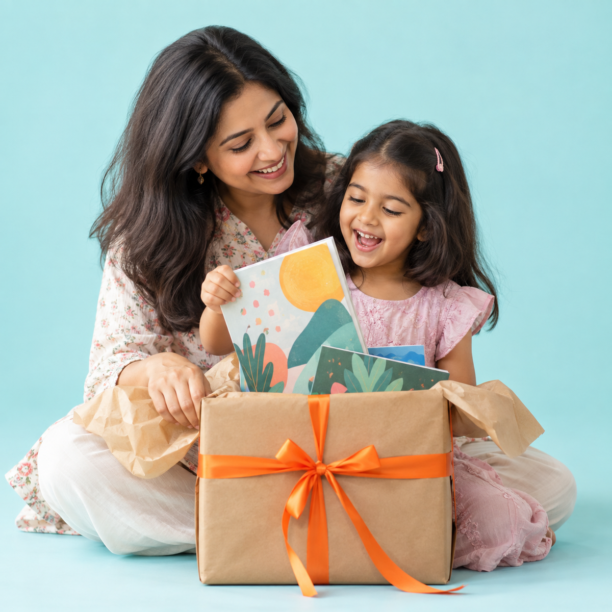 Mother and daughter opening a parcel of children's picture books