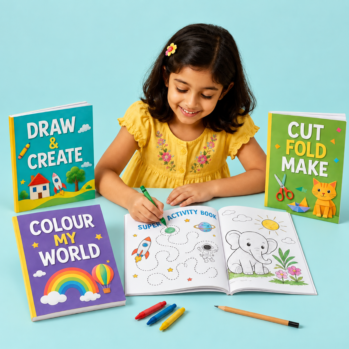 Girl crafting with colourful activity books on a soft aqua background