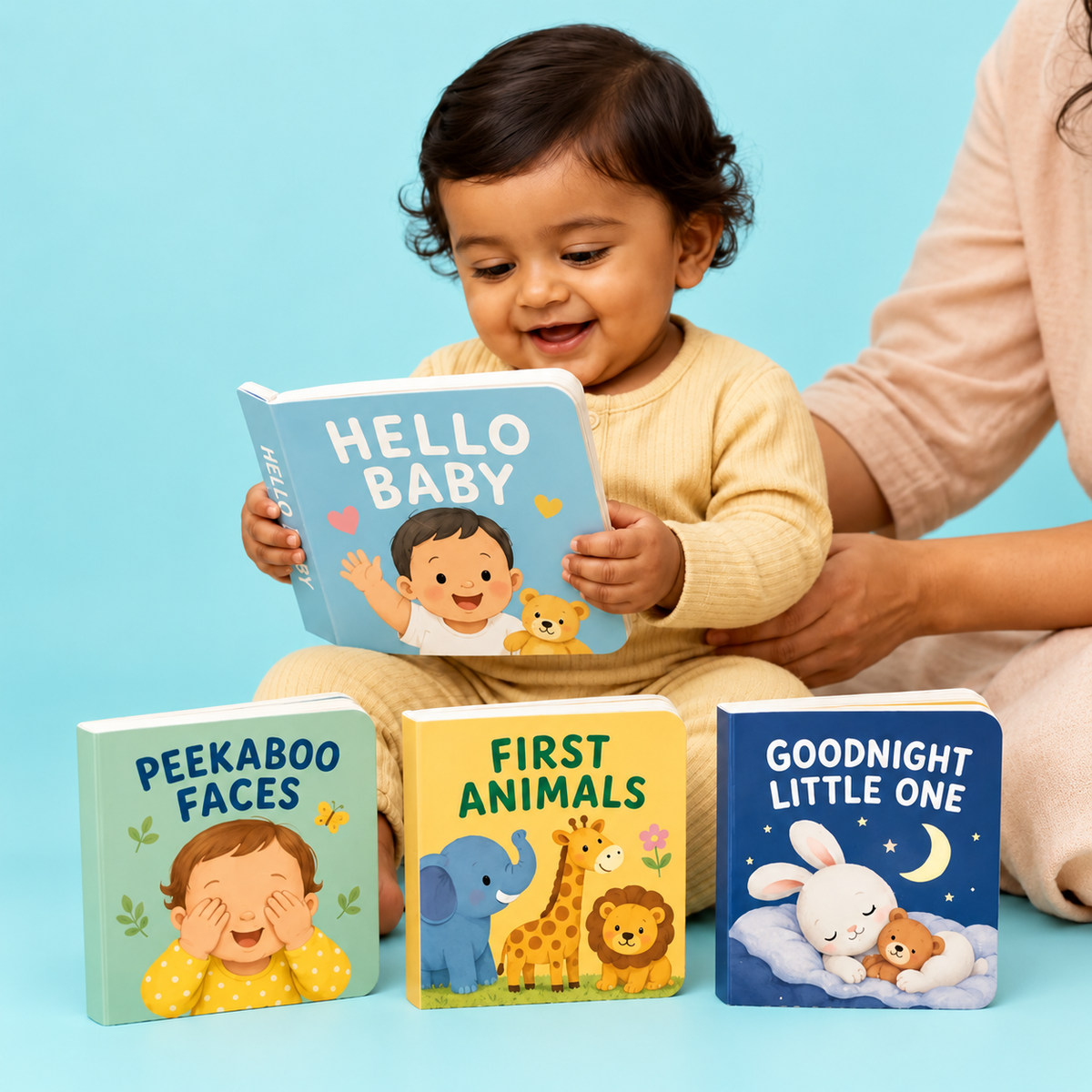 Baby enjoying board books with a grown-up on a soft aqua background