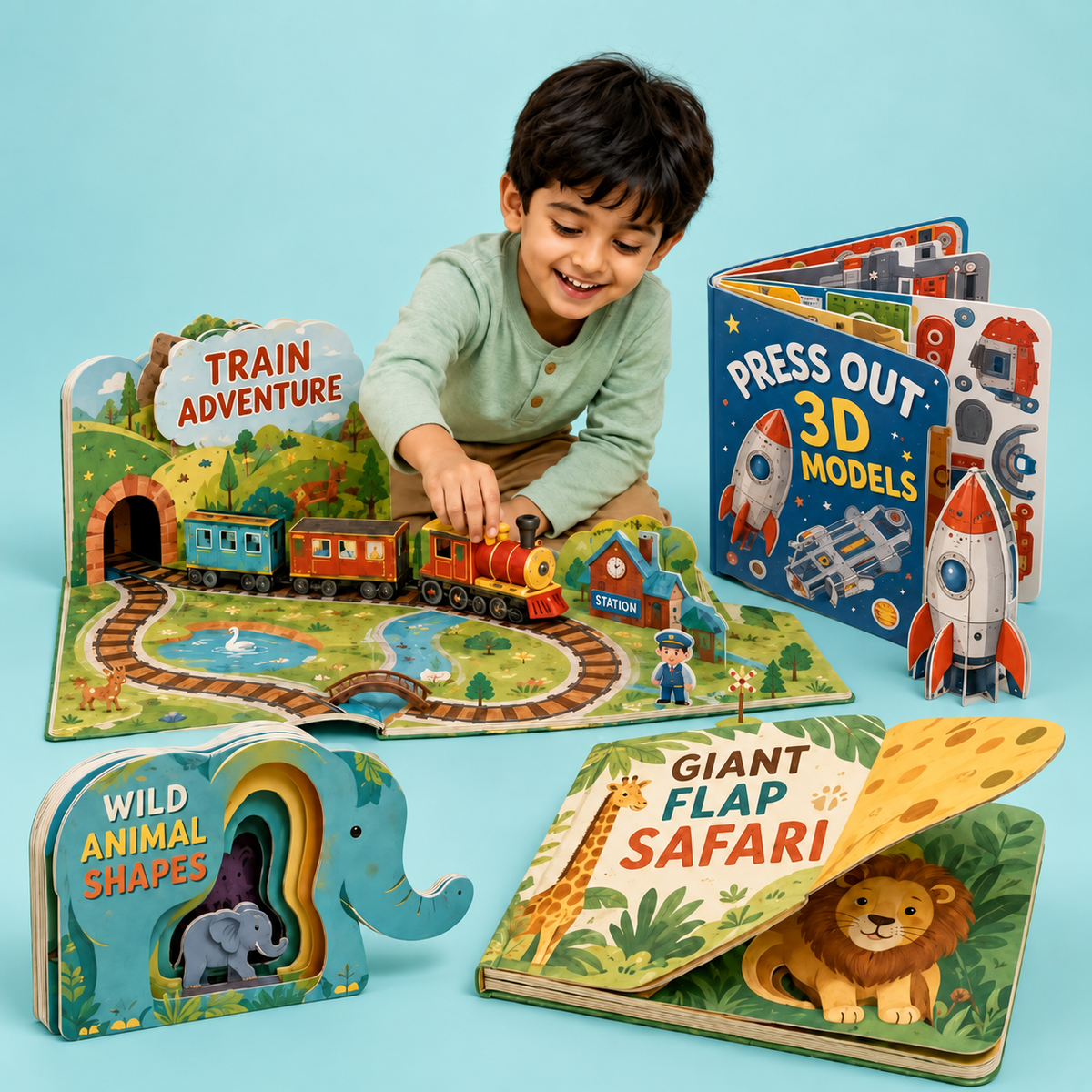 Child playing with a Brain Chapters exclusive train adventure book on a soft aqua background