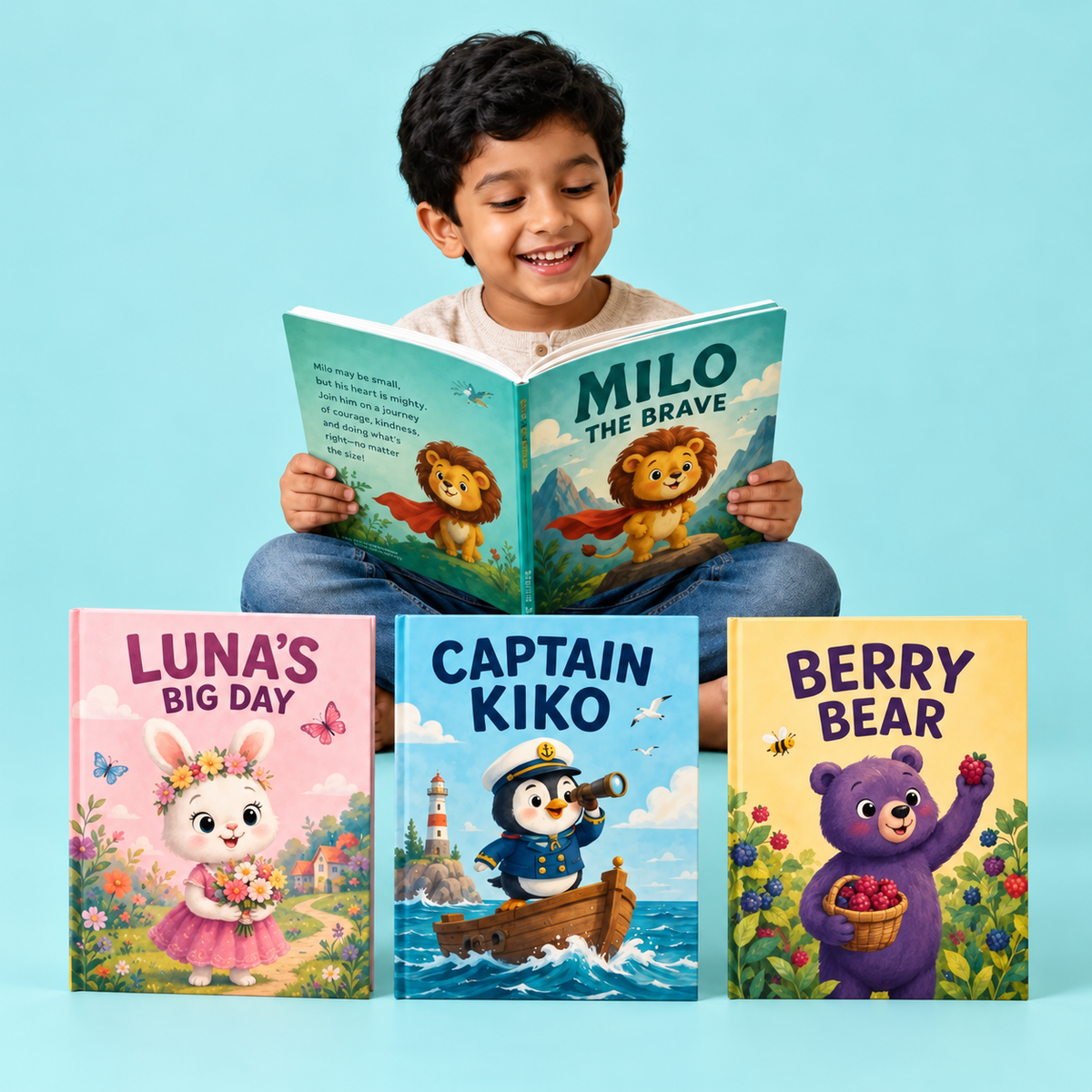 Smiling boy reading colourful character books on a soft aqua background