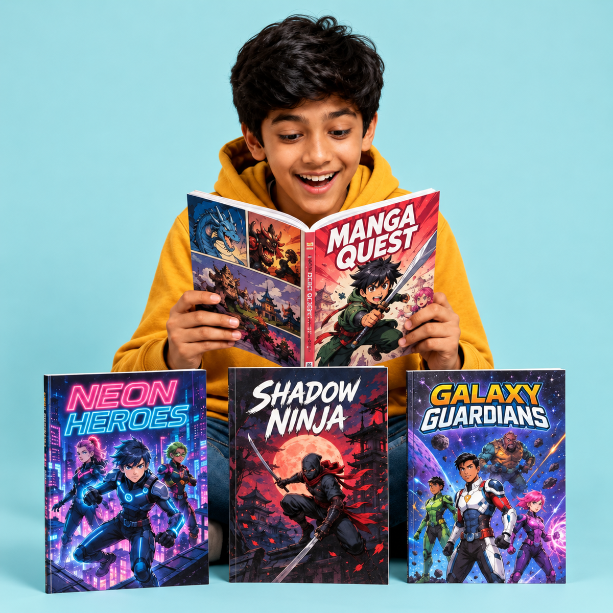Cheerful boy reading a comic book on a soft aqua background