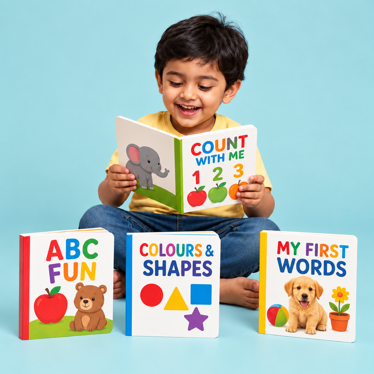Toddler reading colourful early learning books on a soft aqua background