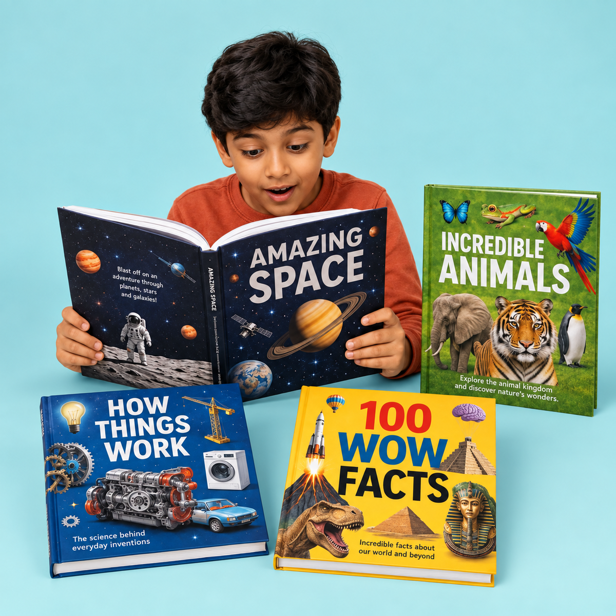 Curious child exploring facts and figures books on a soft aqua background