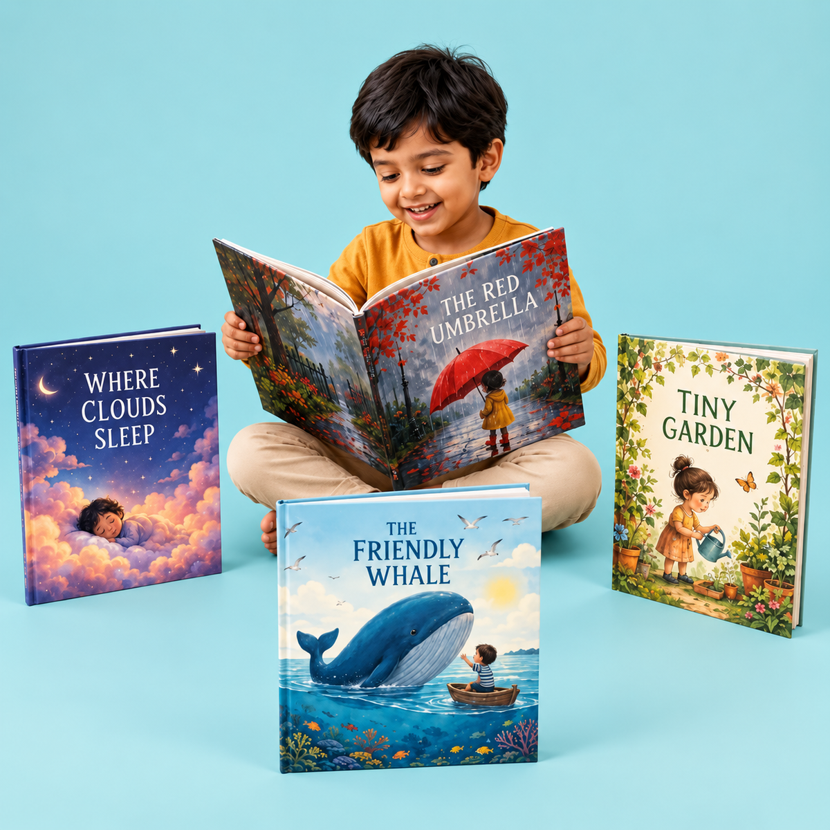 Child enjoying a picture book on a soft aqua background