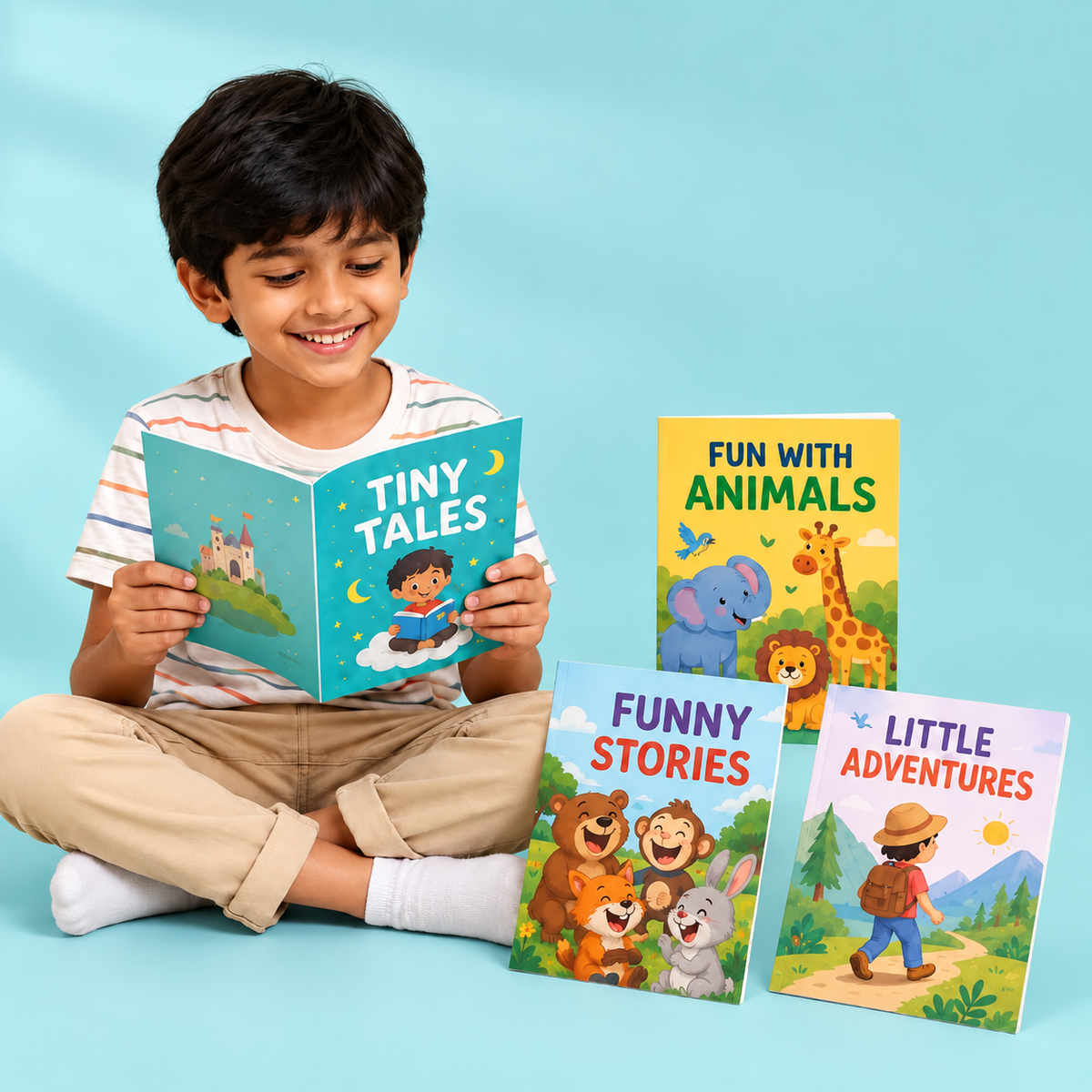 Cheerful boy reading small pocket-size books on a soft aqua background