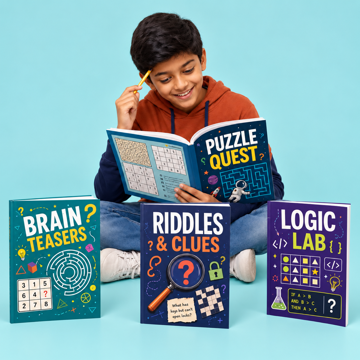 Child solving puzzles with colourful puzzle and riddle books on a soft aqua background