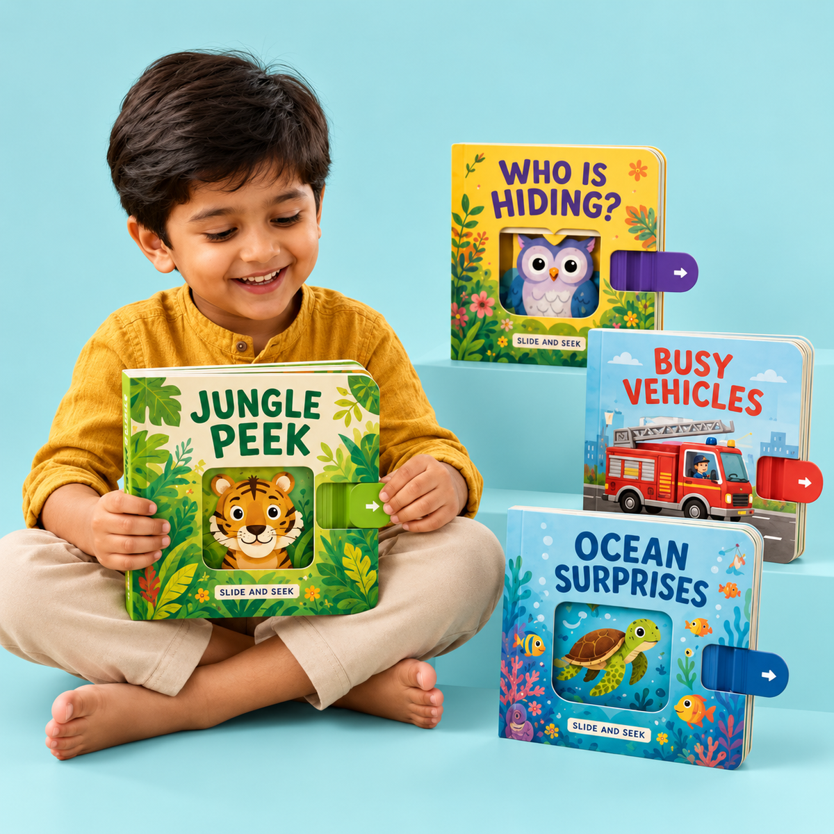 Slide and seek board books arranged on soft aqua steps