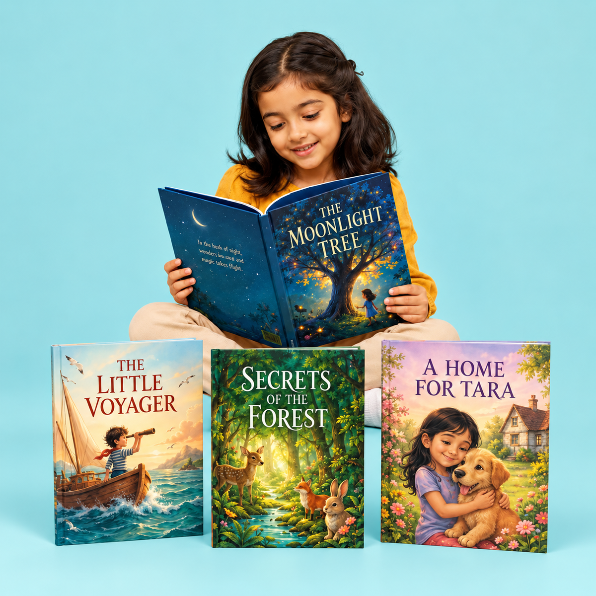 Child reading a storybook on a soft aqua background