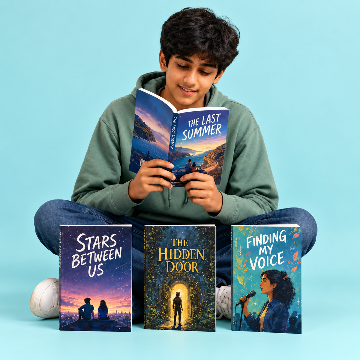 Books for teens and young adults on a soft aqua background