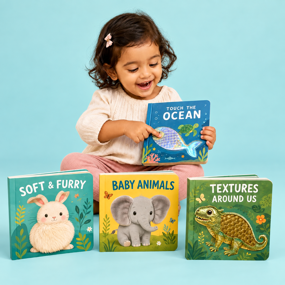 Toddler exploring a touch and feel book on a soft aqua background