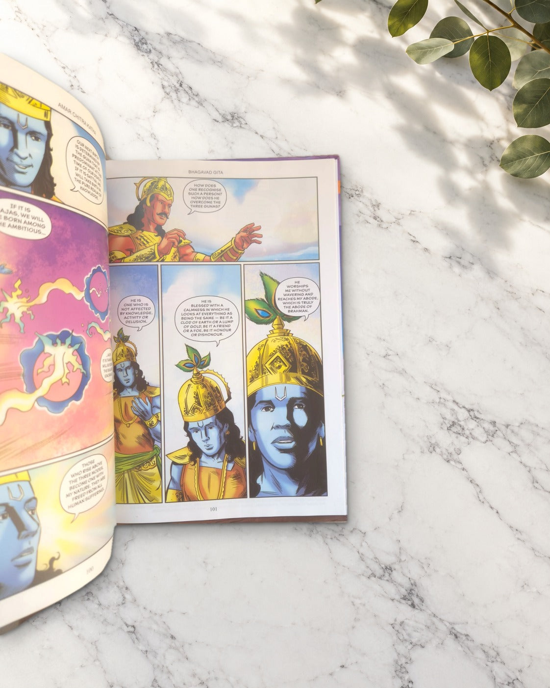 Bhagavad Gita: Song of the Divine, open book showing Krishna and Arjuna in comic panels
