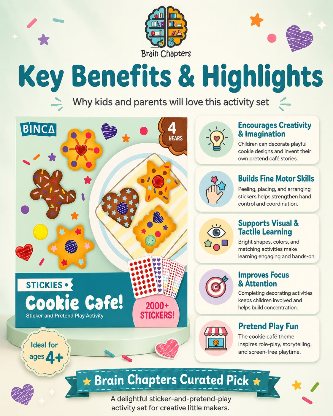 Key benefits and highlights of Stickies Cookie Cafe: Sticker Art & Pretend Play Kit