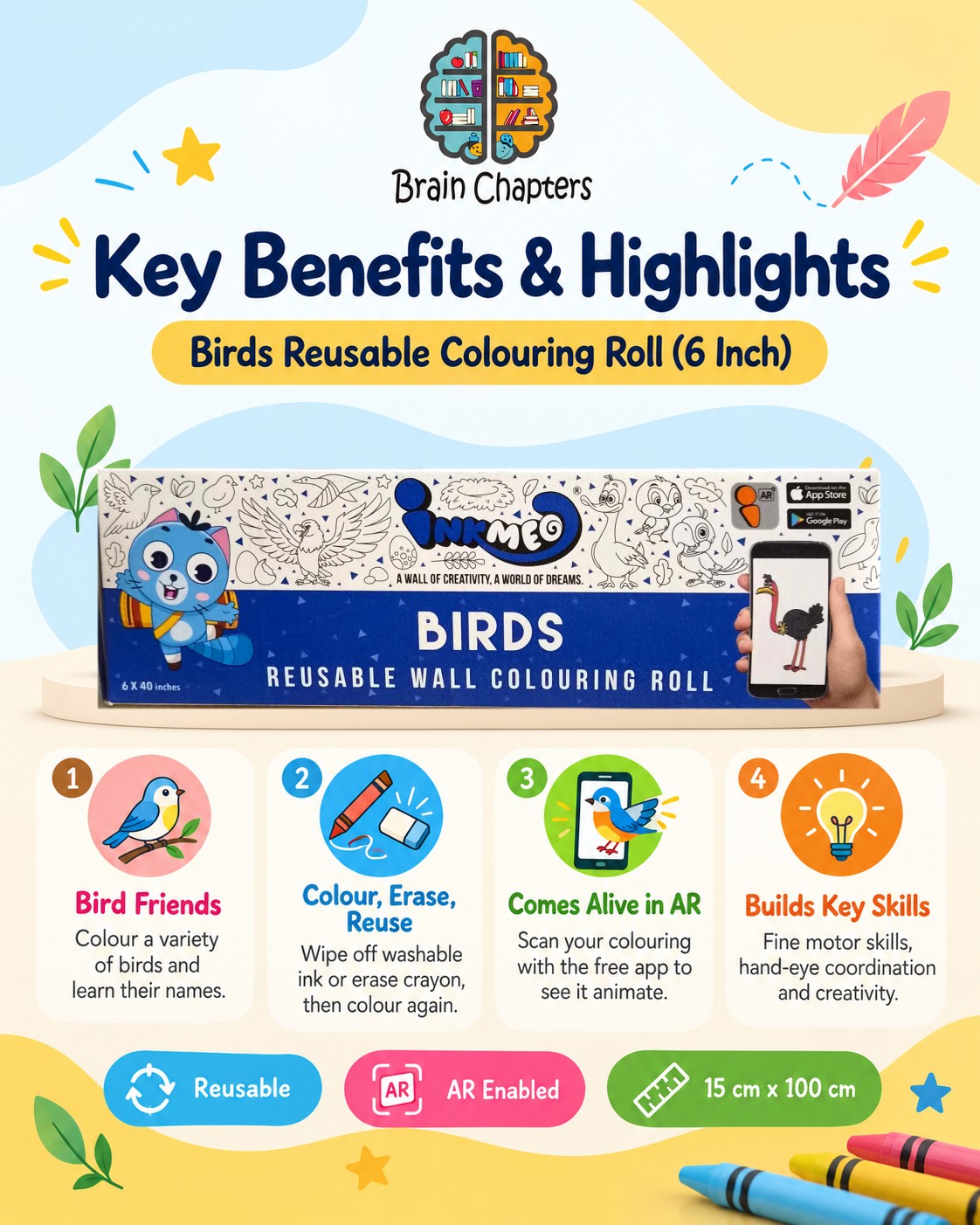 Key benefits and highlights of Birds Reusable Colouring Roll (6 Inch)