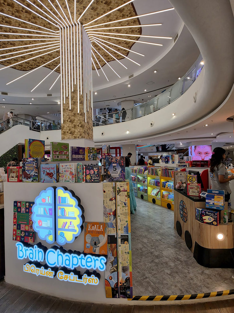 The Brain Chapters store at The Marina Mall, OMR, under the atrium's light pillar