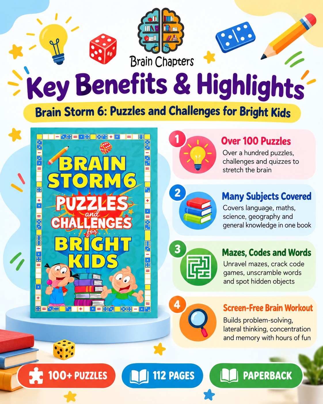 Key benefits and highlights of Brain Storm 6: Puzzles and Challenges for Bright Kids