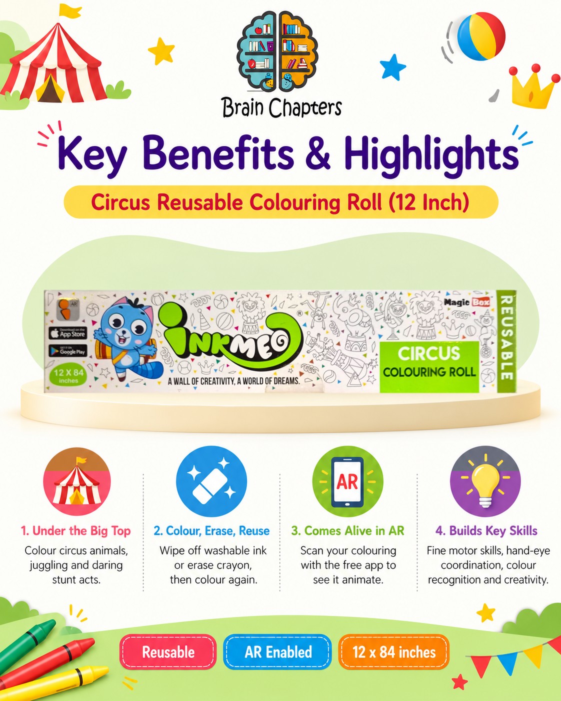 Key benefits and highlights of Circus Reusable Colouring Roll (12 Inch)