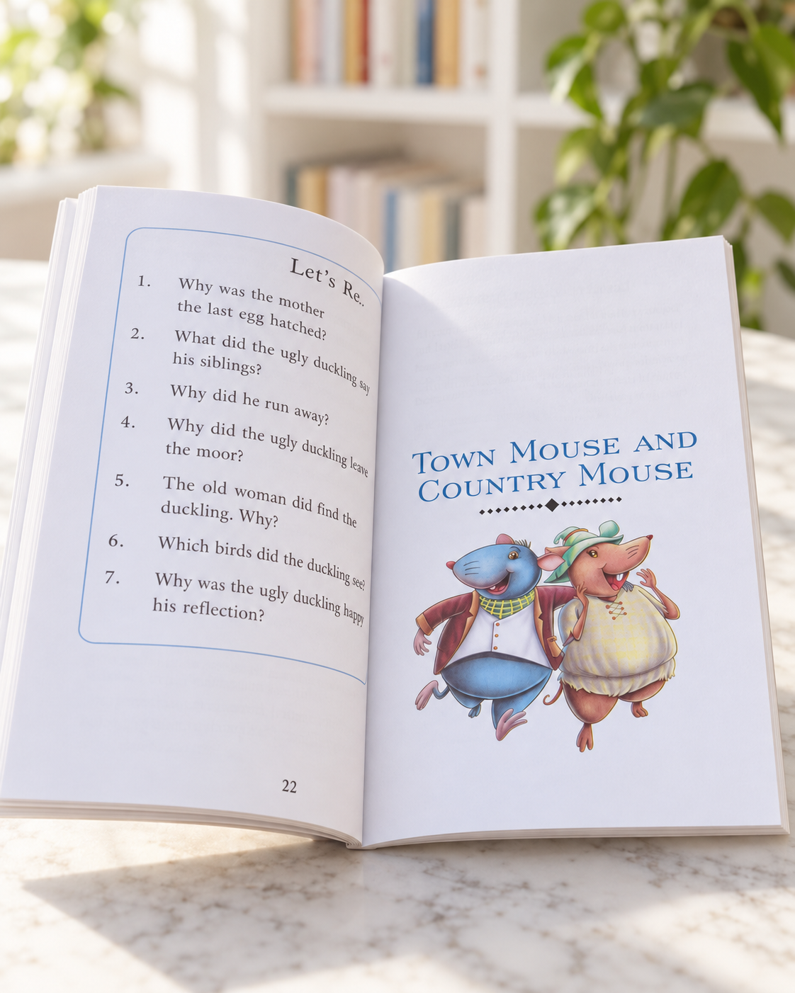Clever Animal Stories, open book showing questions and a chapter opener