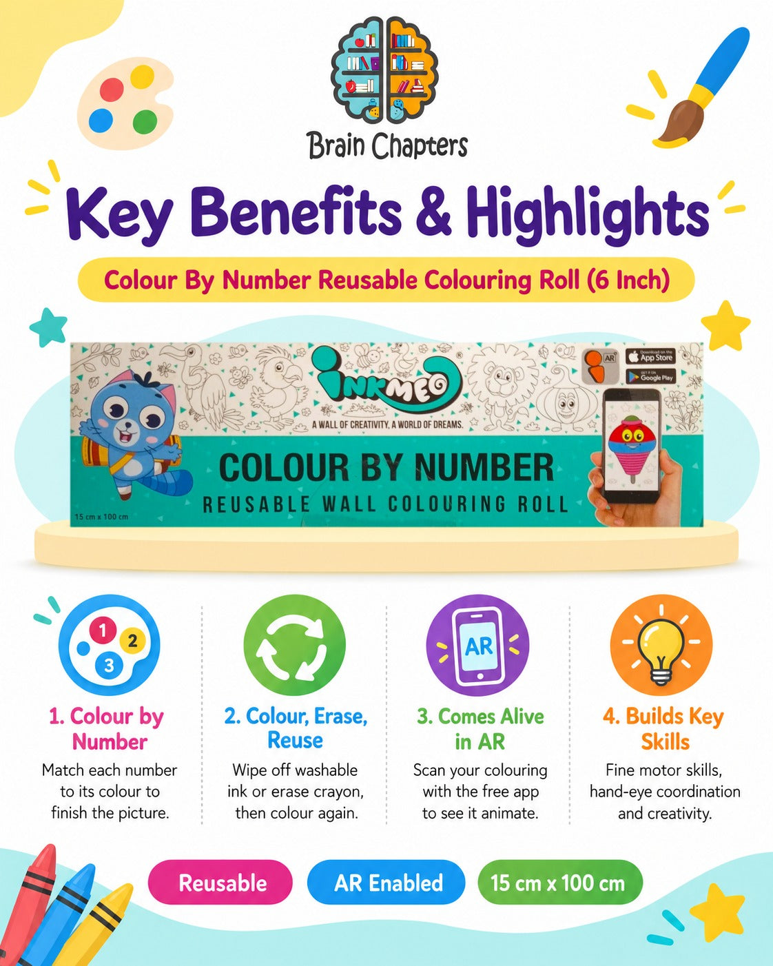 Key benefits and highlights of Colour By Number Reusable Colouring Roll (6 Inch)