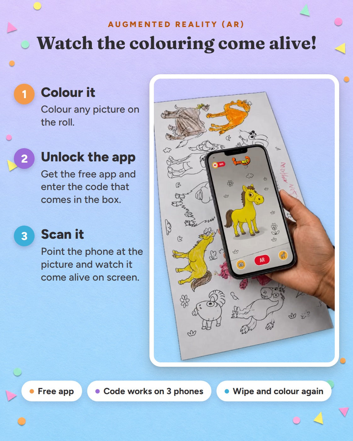 How the AR works: colour a picture on the roll, unlock the free app with the code in the box, then scan the picture to watch it come alive on screen