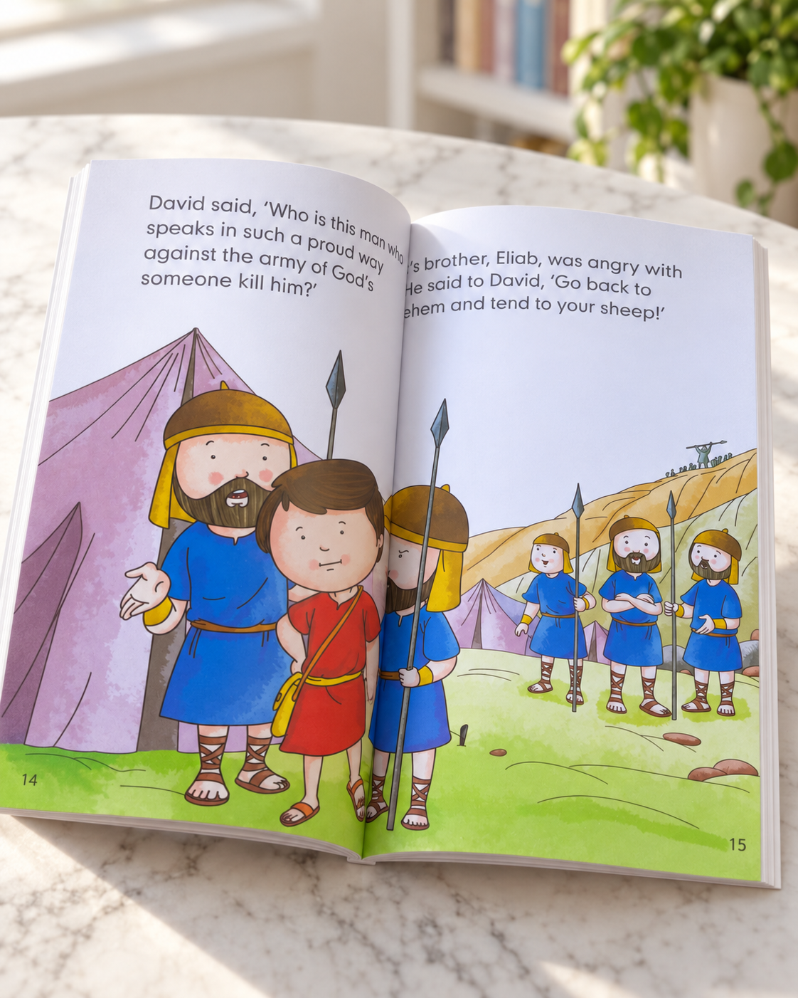 David and Goliath, open book showing David with the soldiers