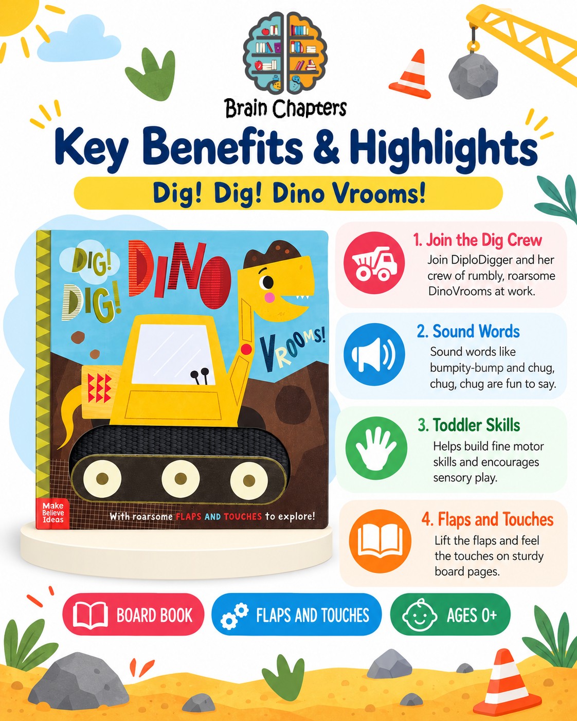 Key benefits and highlights of Dig! Dig! Dino Vrooms!