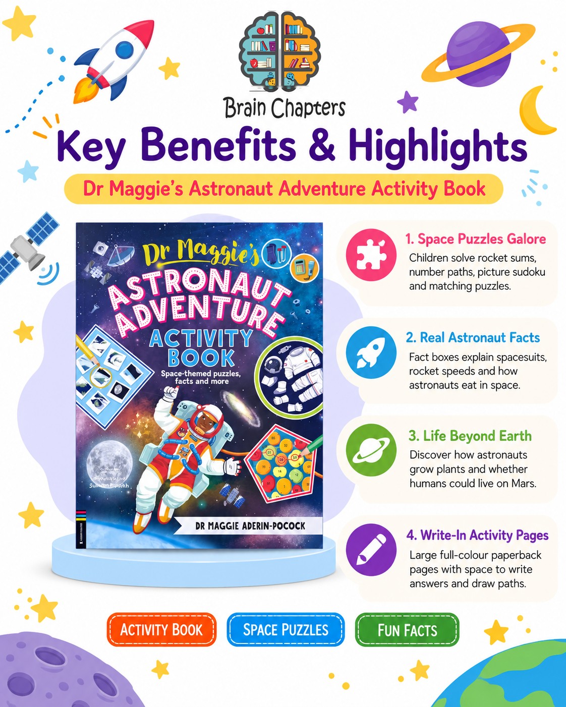 Key benefits and highlights of Dr Maggie's Astronaut Adventure Activity Book - Space Themed Puzzles, Facts and More