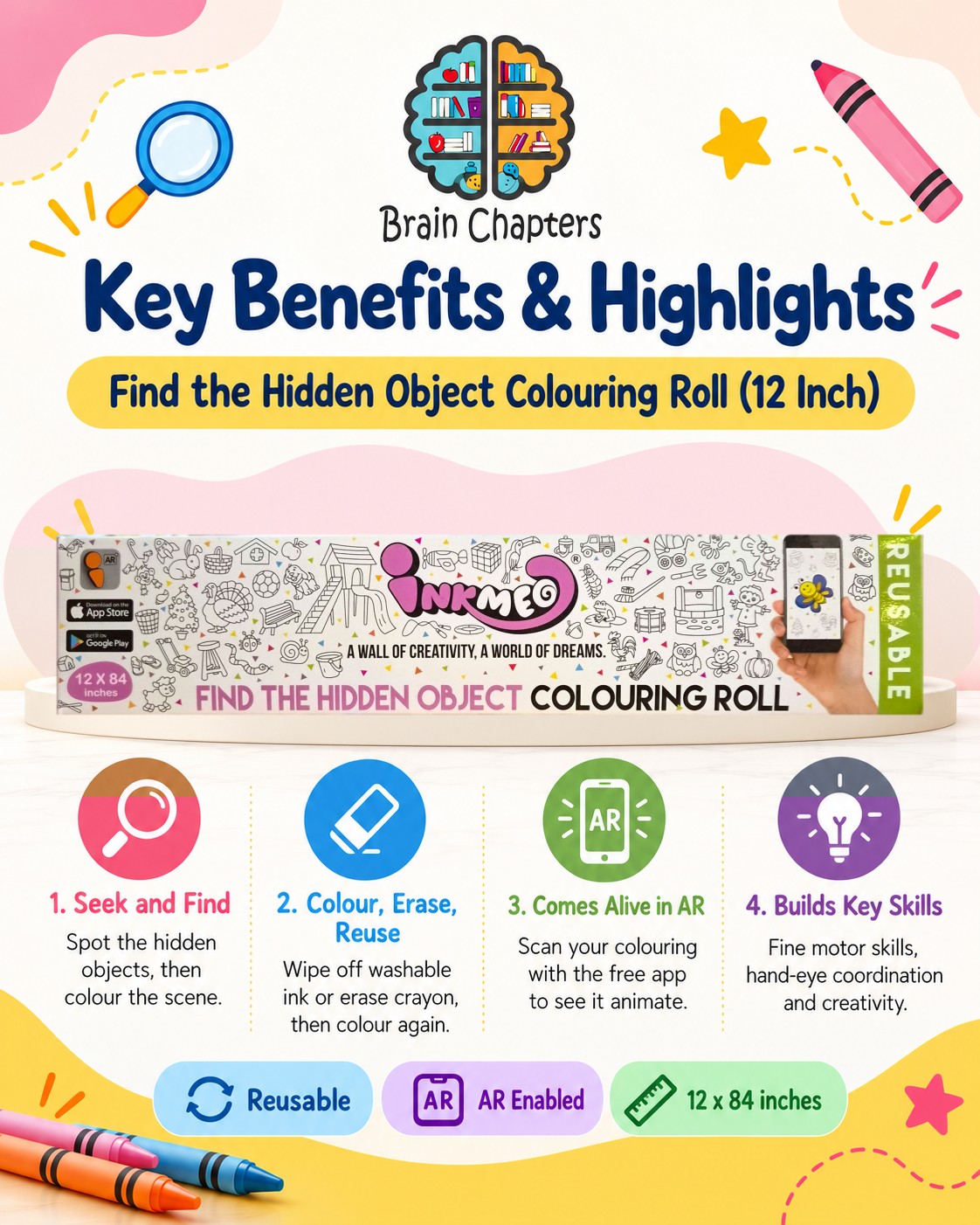 Key benefits and highlights of Find the Hidden Object Reusable Colouring Roll (12 Inch)