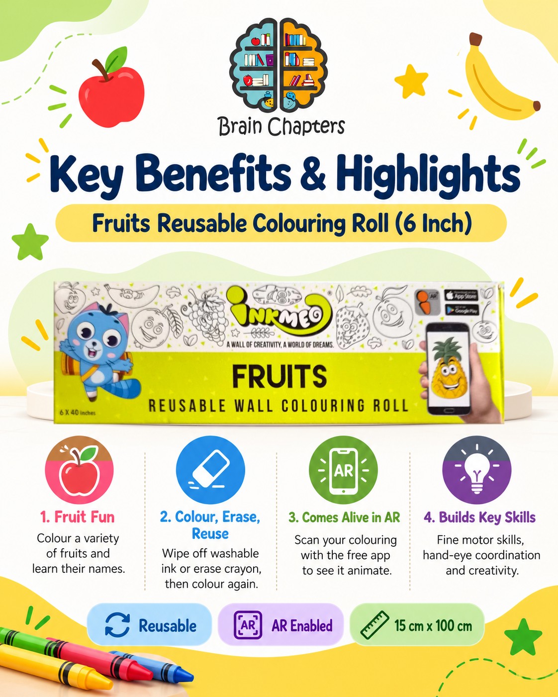 Key benefits and highlights of Fruits Reusable Colouring Roll (6 Inch)