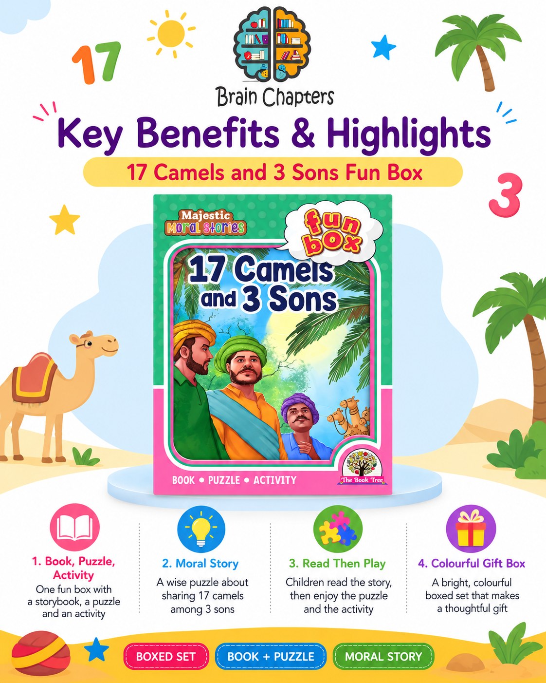 Key benefits and highlights of Funbox 17 Camels and 3 Sons Book, Puzzle & Activity