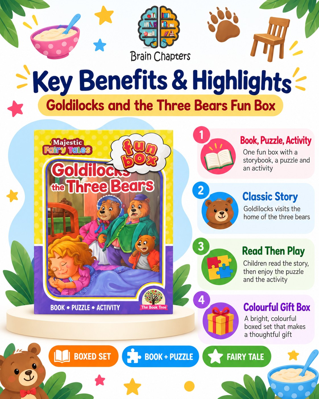 Key benefits and highlights of Funbox Goldilocks and the Three Bears Book, Puzzle & Activity