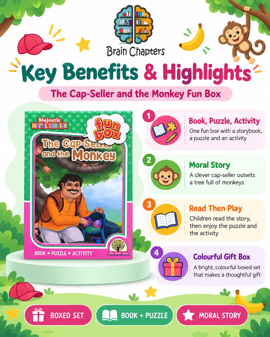 Key benefits and highlights of Funbox The Cap-Seller and the Monkey Book, Puzzle & Activity