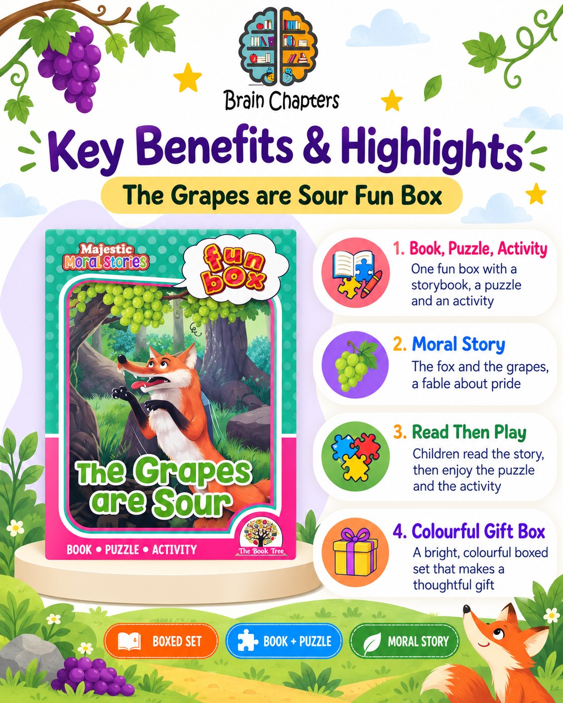 Key benefits and highlights of Funbox The Grapes are Sour Book, Puzzle & Activity