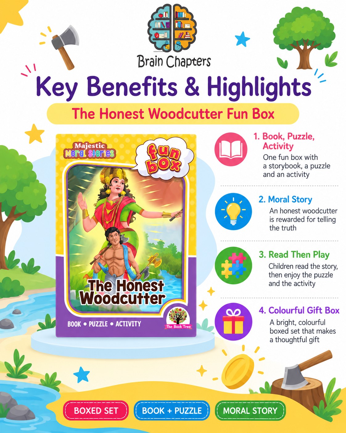 Key benefits and highlights of Funbox The Honest Woodcutter Book, Puzzle & Activity