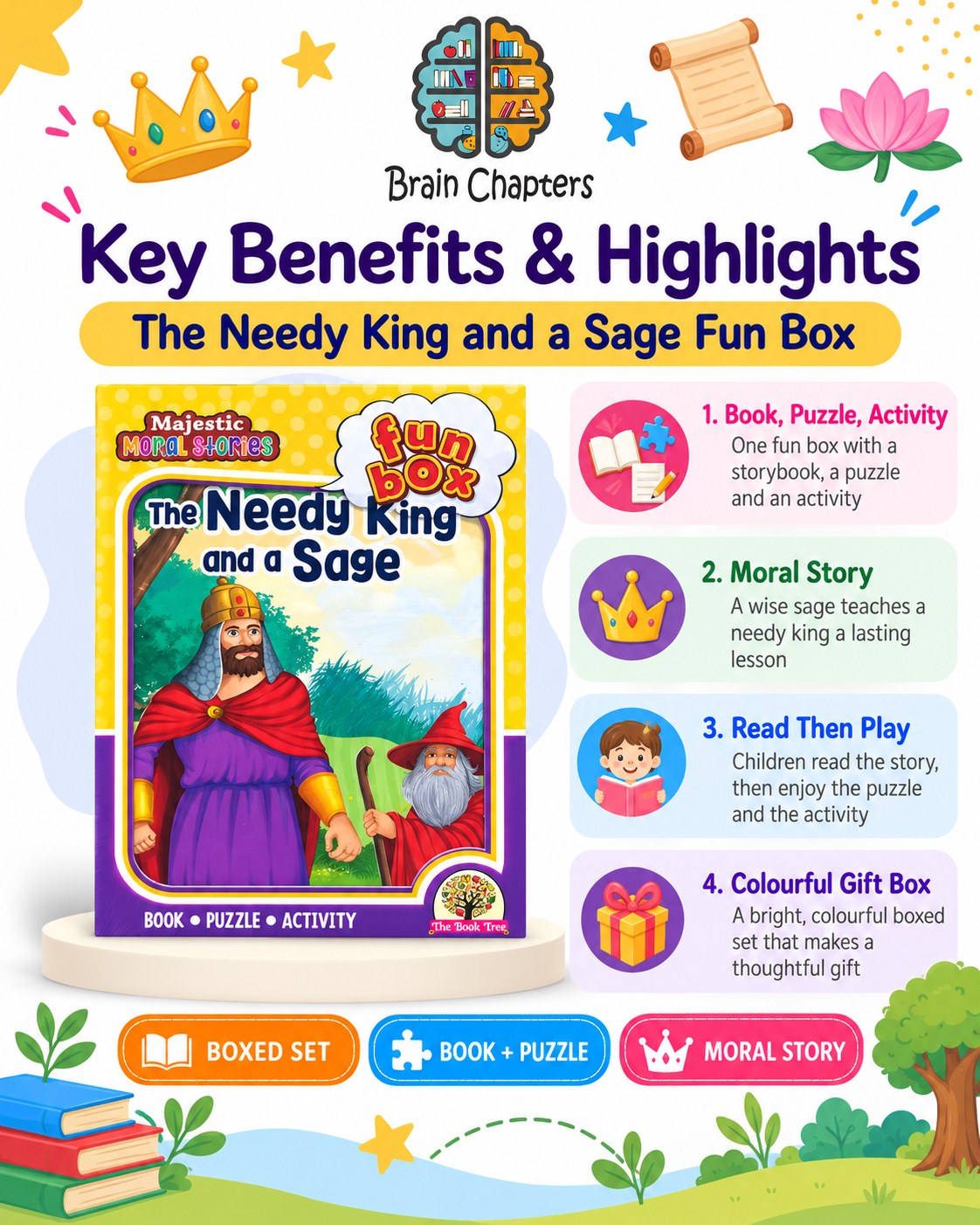 Key benefits and highlights of Funbox The Needy King and a Sage Book, Puzzle & Activity