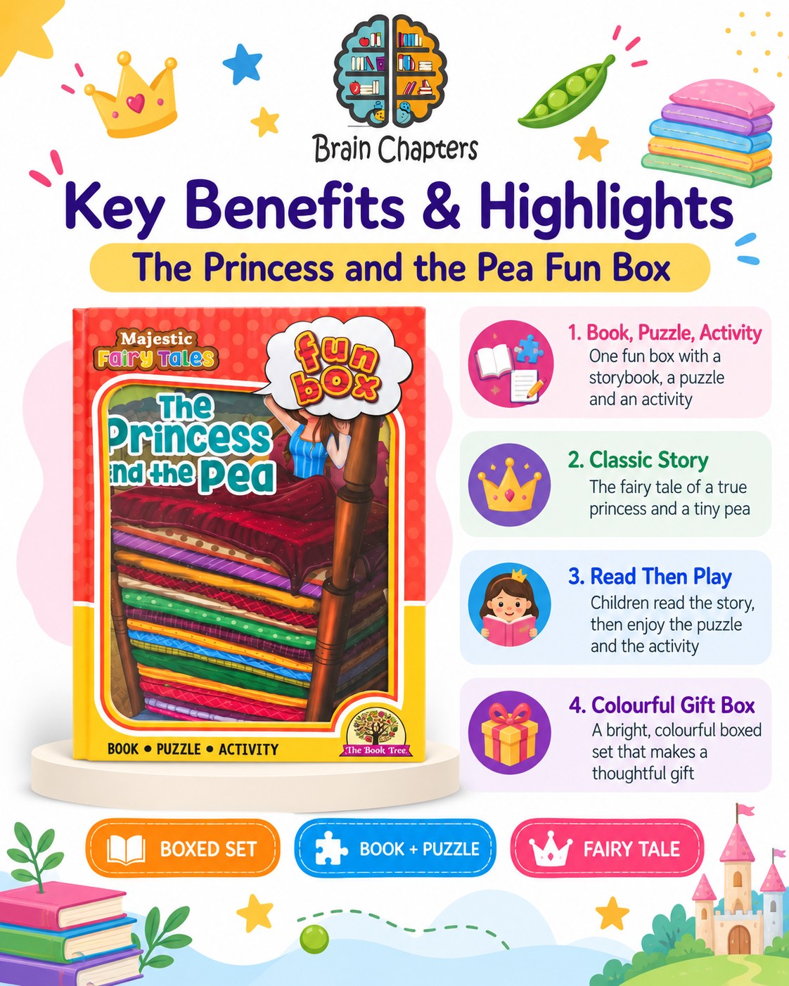 Key benefits and highlights of Funbox The Princess and the Pea Book, Puzzle & Activity
