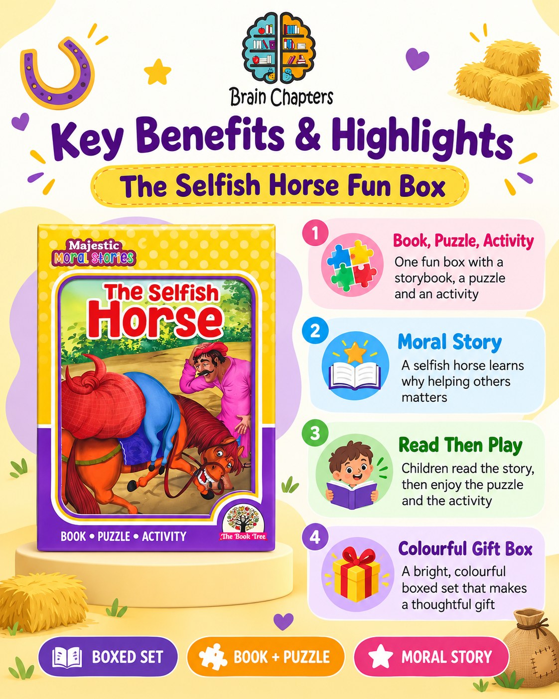 Key benefits and highlights of Funbox The Selfish Horse Book, Puzzle & Activity