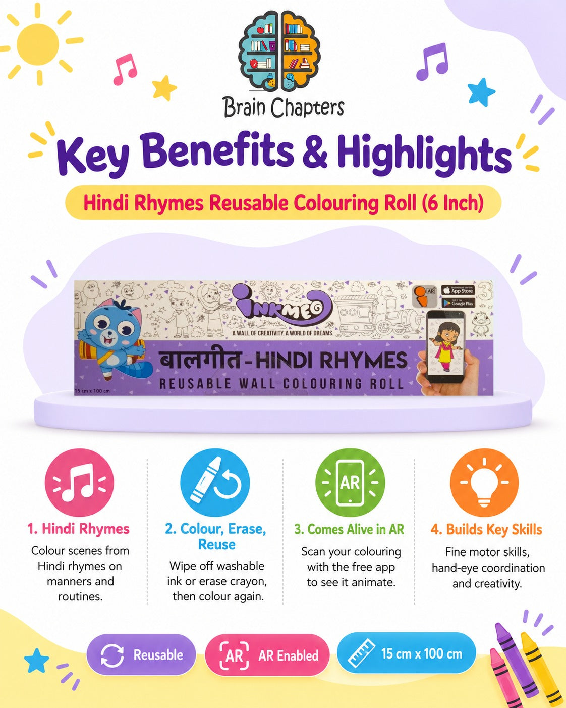 Key benefits and highlights of Hindi Rhymes Reusable Colouring Roll (6 Inch)
