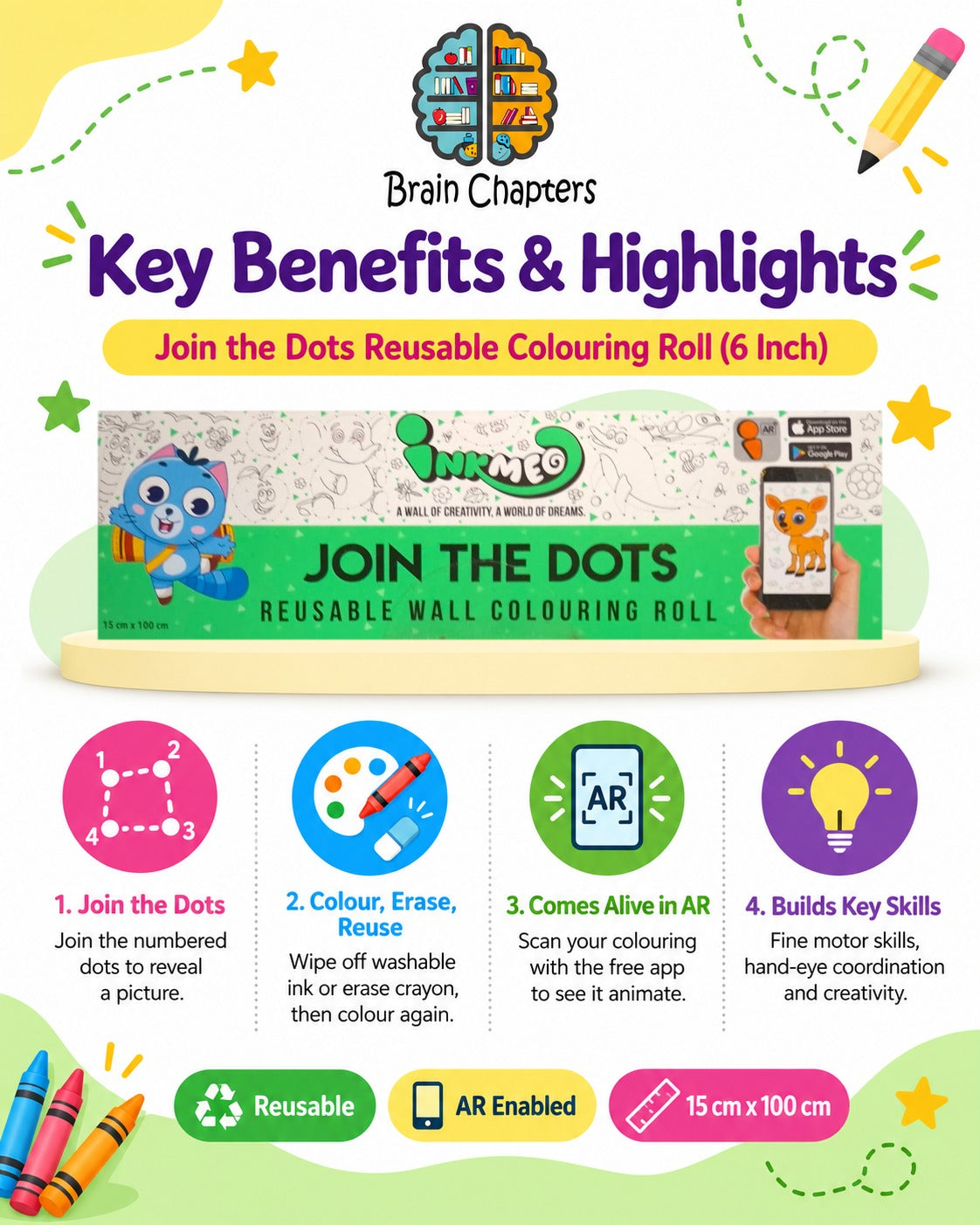 Key benefits and highlights of Join the Dots Reusable Colouring Roll (6 Inch)