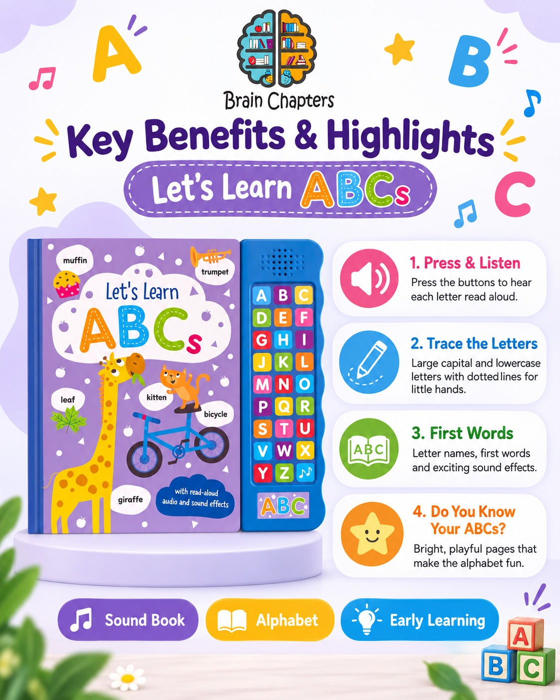 Key benefits and highlights of Let's Learn ABCs with read aloud and sound effects
