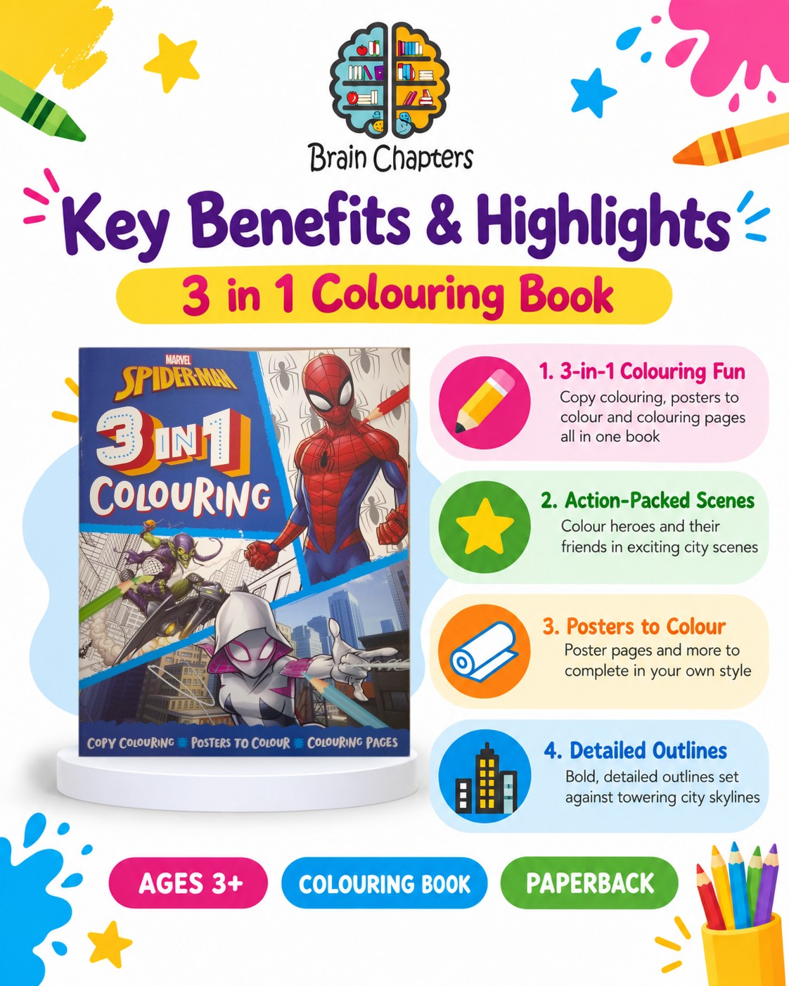 Key benefits and highlights of Marvel Spider-Man 3 in 1 Colouring