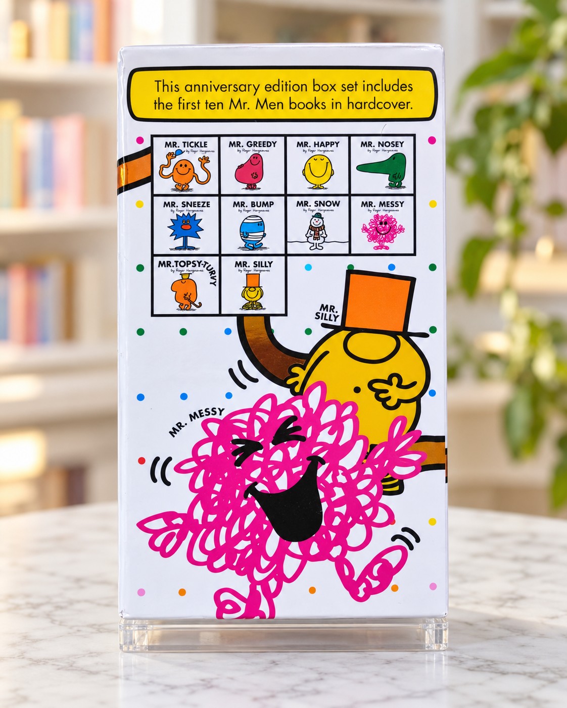 Mr. Men 40th Anniversary Box Set, box side panel listing the ten books