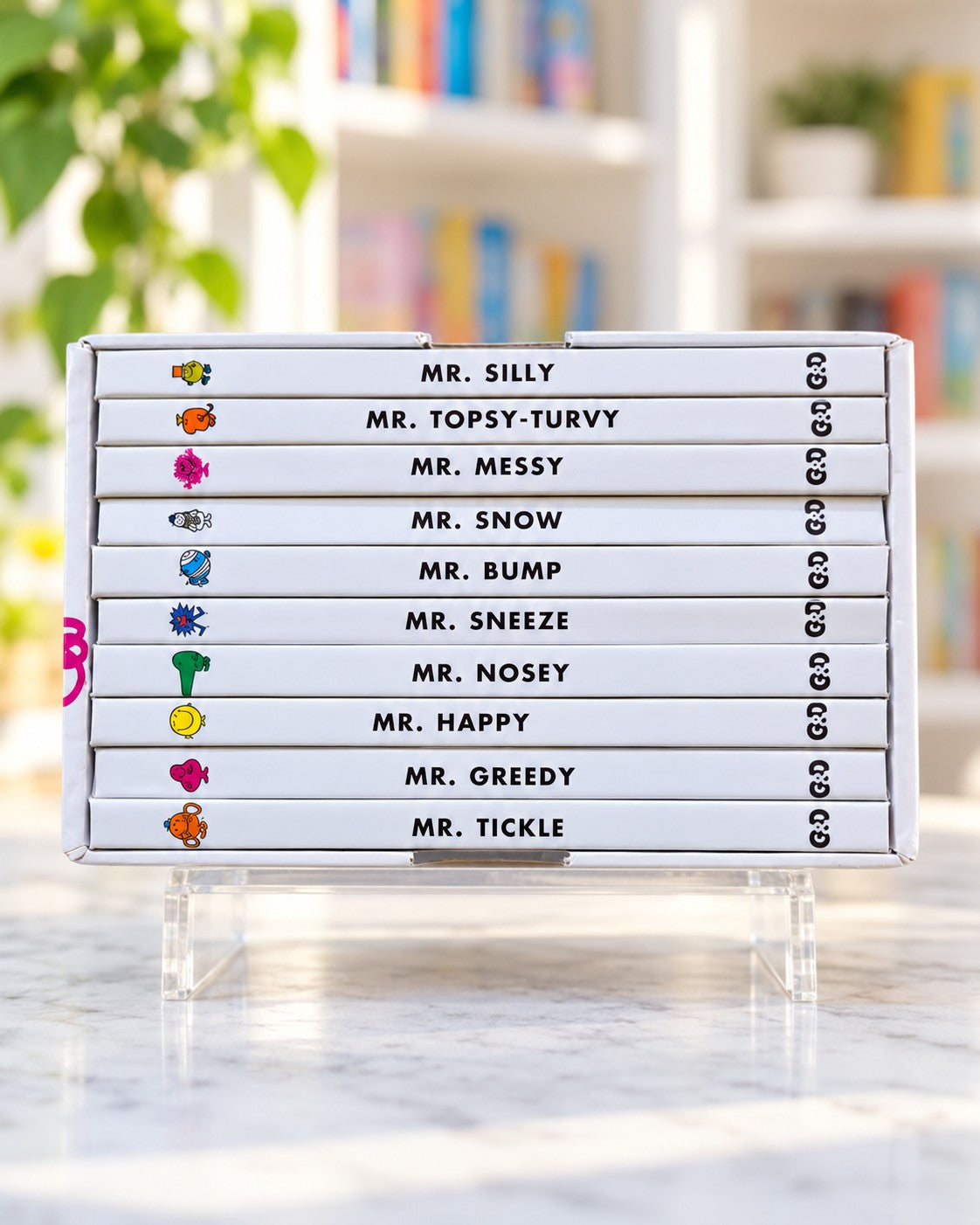 Mr. Men 40th Anniversary Box Set, ten book spines in the open end of the box