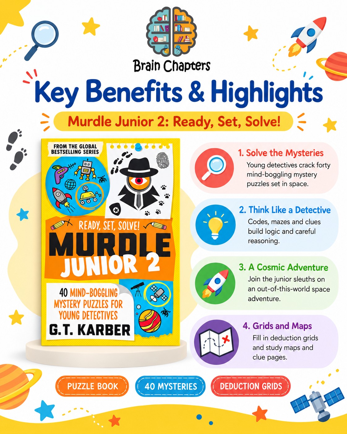 Key benefits and highlights of Murdle Junior 2: Ready, Set, Solve!